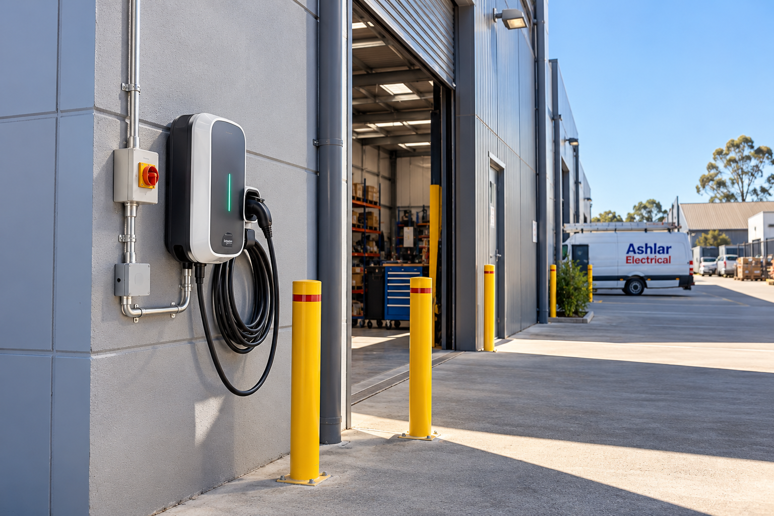 Wall-mounted commercial EV charger beside a workshop roller door with an Ashlar Electrical van in the background