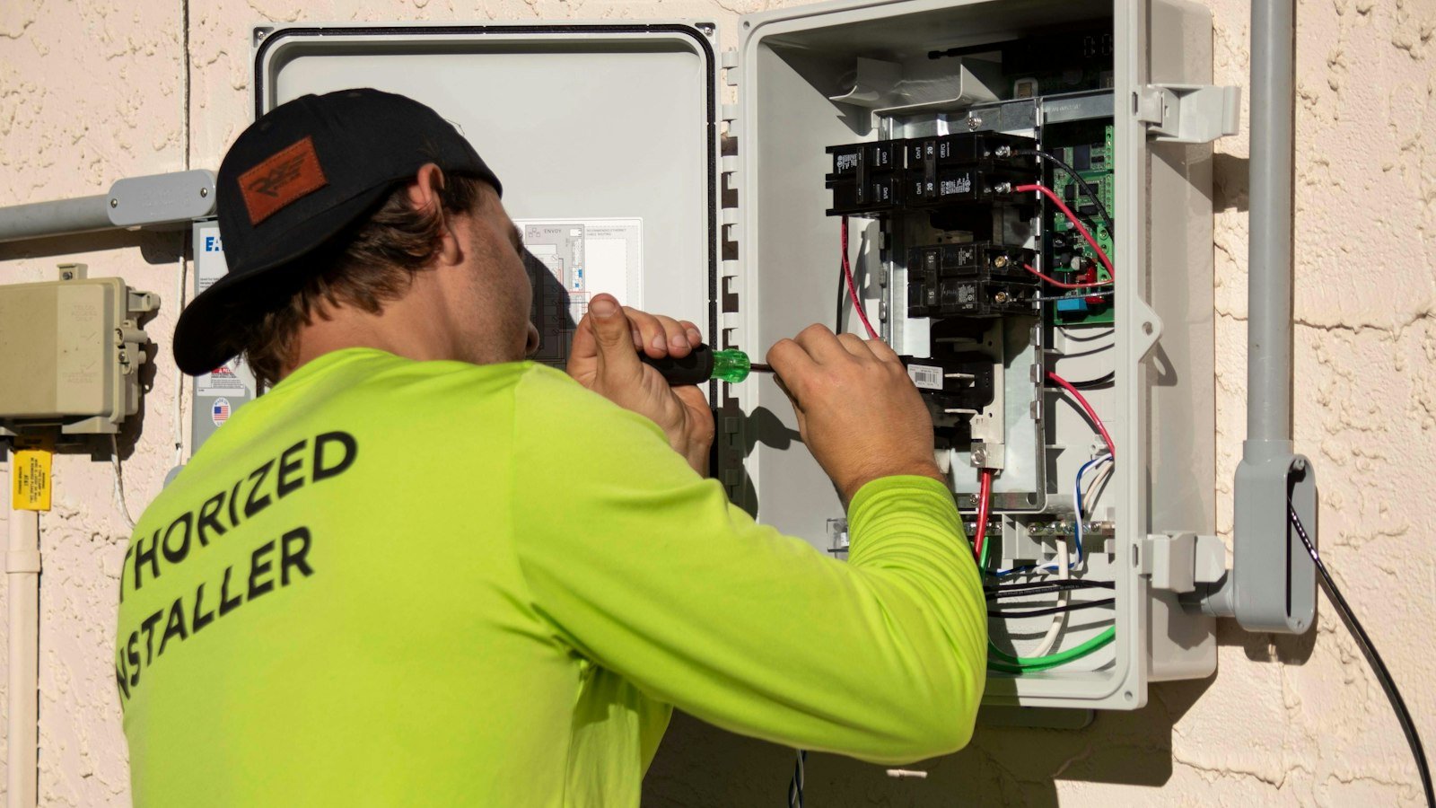 Electrician in a hi-vis shirt working on a commercial electrical panel